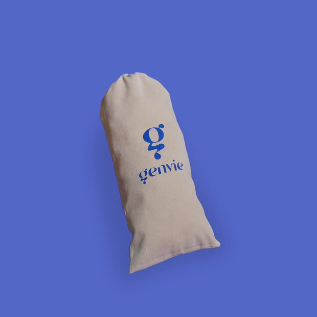 long brown suede pouch with blue genvie logo