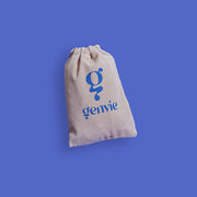 short brown suede pouch with blue genvie logo